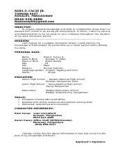 Work Immersion Resume Sample Docx Noel Z Cacay Jr Tomana