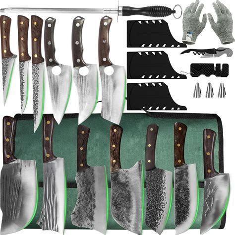 Amazon FULLHI Portable 16pcs Butcher Knife Set Full Tang Wood