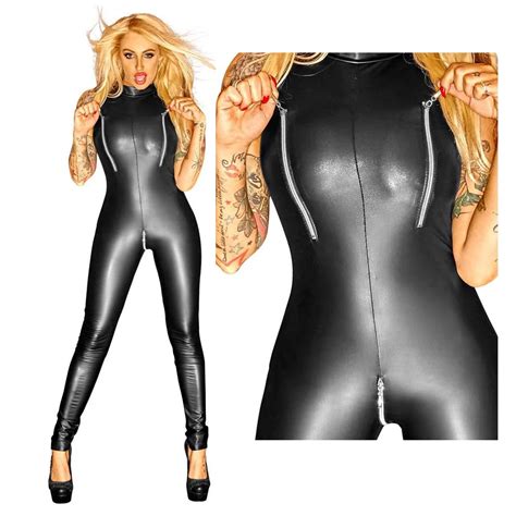 Sexy Plus Size Shiny Pu Faux Leather Zipper Open Crotch Bust Bodysuit Latex Catsuit Body