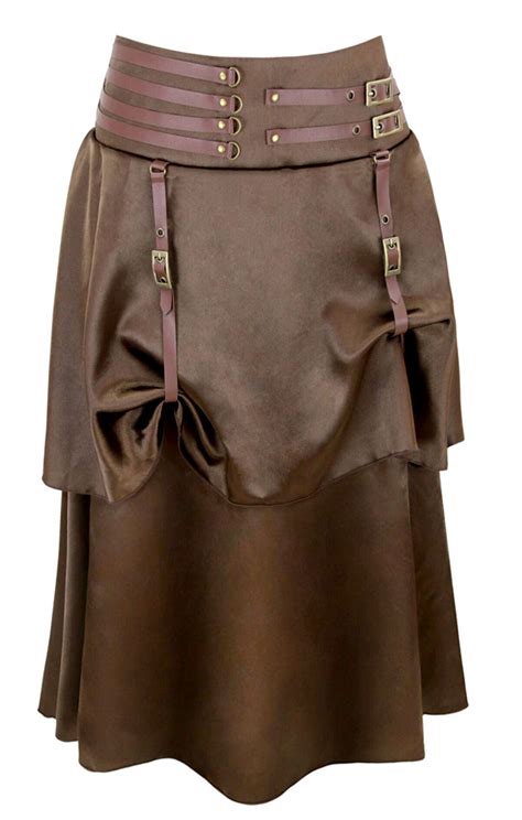 Steampunk Women Brown Satin Skirts With Leather Buckle 2 Layers