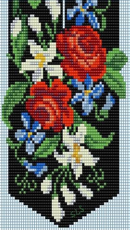 Cross Stitch Pattern With Red Roses And Bluebells