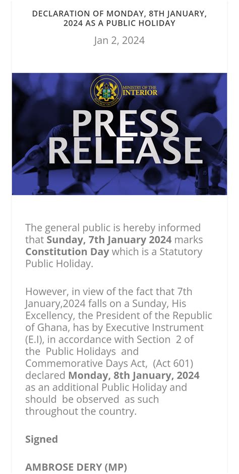 January 8 declared a public holiday