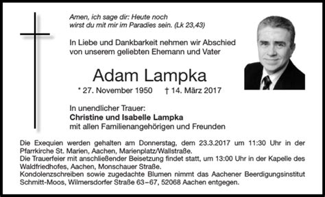 Traueranzeigen Von Adam Lampka Aachen Gedenkt