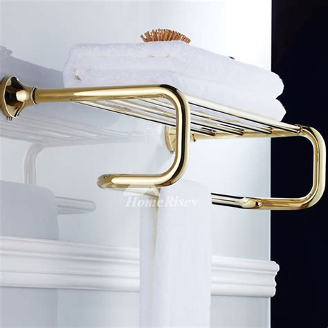 24 Inch Polished Gold Towel Rack Brass Wall Mounted With Shelf Luxury Bathroom Renovation Modern