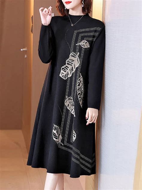 Autumn Winter Black Knitted Print Midi Dress Women Luxury Chic Long