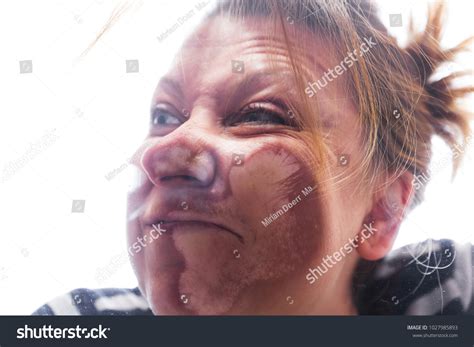 Funny Blonde Woman Smashed Against Pane Stock Photo