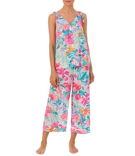 Tommy Bahama Floral Print Sleeveless V Neck Knit Cropped Pajama Set