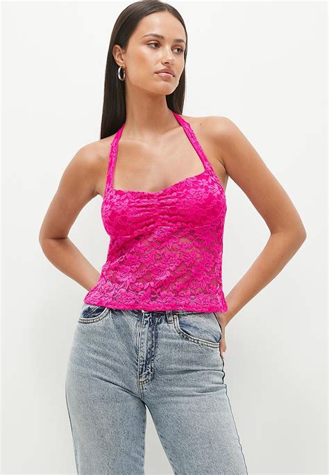 Isla Lace Halter Top Vivid Pink Supré T Shirts Vests And Camis