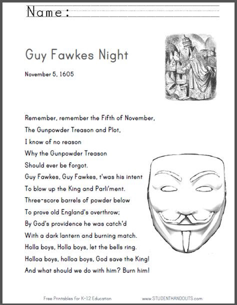 Guy Fawkes Night, Fifth of November - Poem | Student Handouts