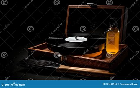 Old Antique Gramophone Or Phonograph And Black Music Notes In Dark