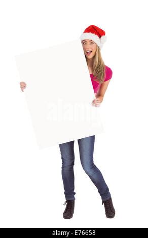 Festive Blonde Holding Large Poster On Vignette Background Stock Photo Alamy