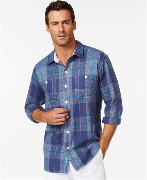 Tommy Bahama Beach Front Plaid Flannel Long Sleeve Shirt In Blue For