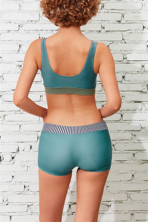 Green Striped Scoop Neck Wide Straps Sporty Bikini Top And Mid Waist