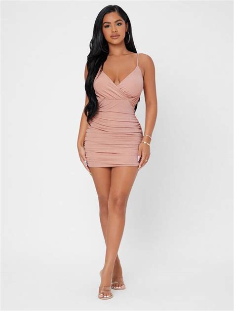 Shein Petite Surplice Neck Ruched Mesh Bodycon Dress Shein Usa