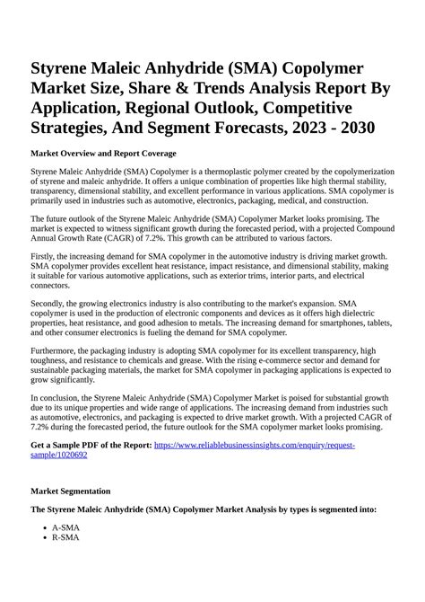 Reportprime Styrene Maleic Anhydride SMA Copolymer Market Size