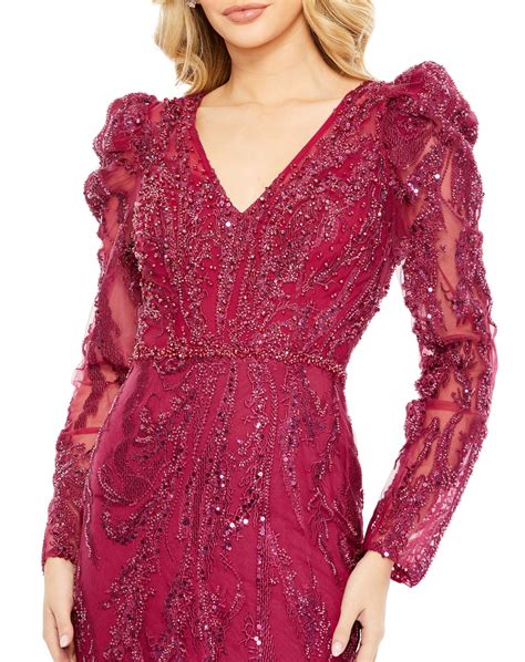 Embellished Puff Sleeve V Neck Gown Mac Duggal