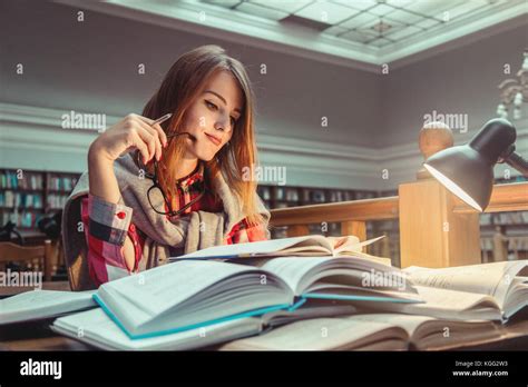 Successful Girl Studying Hard In Library Stock Photo 165081311 Alamy