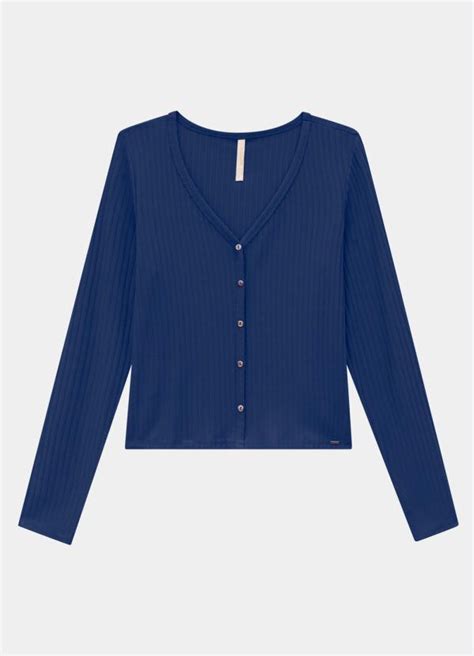 Blusa Malha Canelado Azul Lunender Feminino