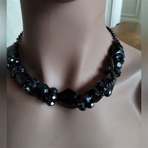 Preowned Chunky Black Beaded Necklace On Silver Chain Black Bead