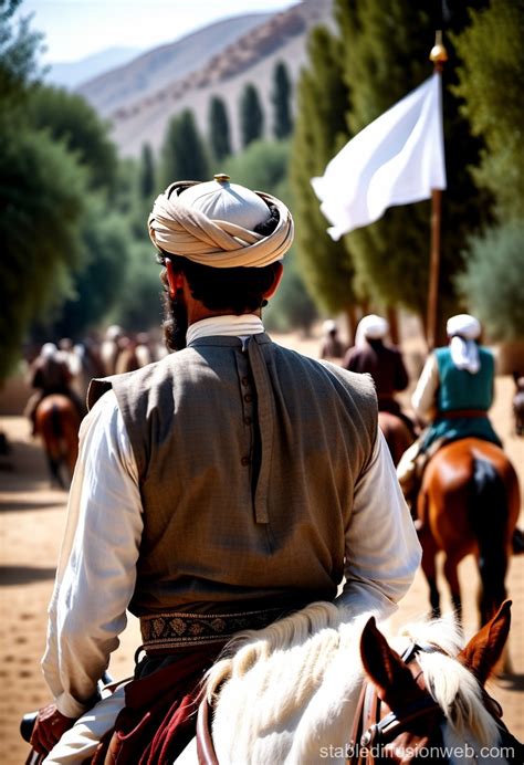 Pashtun Man on Horse with White Flag | Stable Diffusion Online