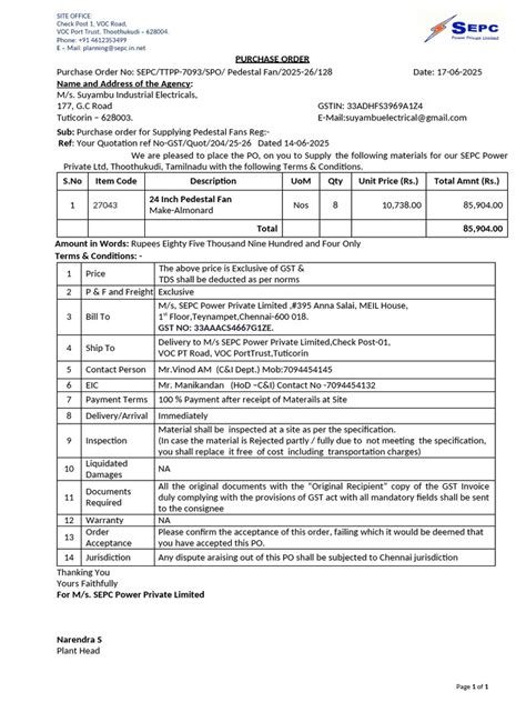 purchase order  suyambu electricals