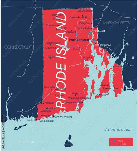 Rhode Island state detailed editable map with cities and towns ...