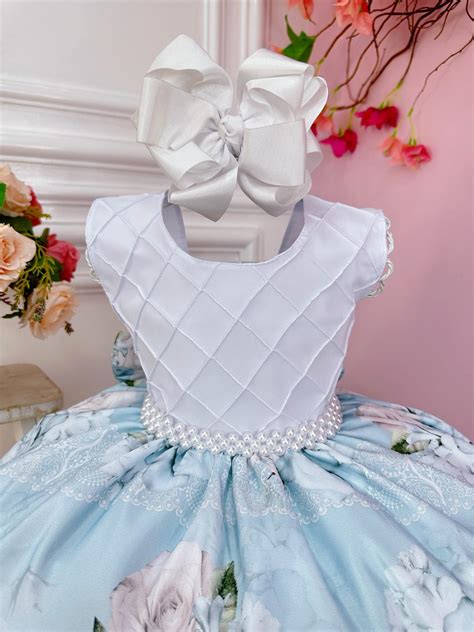 Vestido Infantil Peito Nervura Branco Azul Florido P Rola Rosa