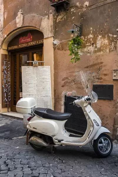 Prints Of Italian Vespa Scooter Parked Outside A Trattoria Restaurant