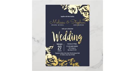 Navy Blue Real Gold Floral Wedding Foil Invitation | Zazzle