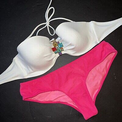 Victoria S Secret Bandeau 36D BIKINI M Bottom WHITE PINK BROOCH