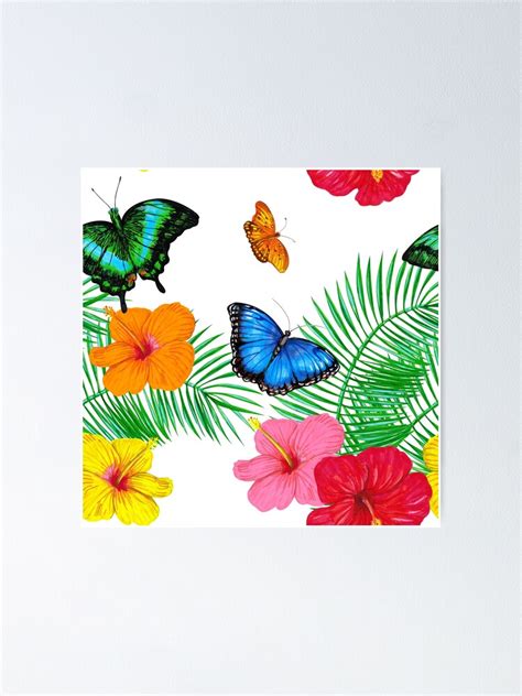 Poster Papillons Tropicaux Avec Fleurs D Hibiscus Et Feuilles De