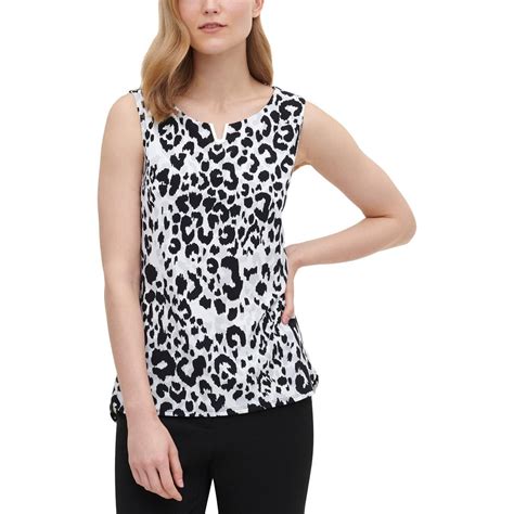 Calvin Klein Top Leopard Print Slit Neck Sleeveless Blouse Sz L New Nwt