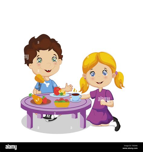 Kids Eating. Funny Smiling Cartoon Boy and Girl Sitting at Table with ...