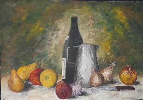 Ancien Tableau Huile Sur Toile Nature Morte Liqueur Fruits Sign E