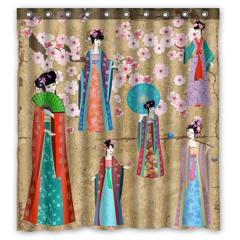 Phfzk Asian Shower Curtain Girl In Retro Costume Polyester Fabric