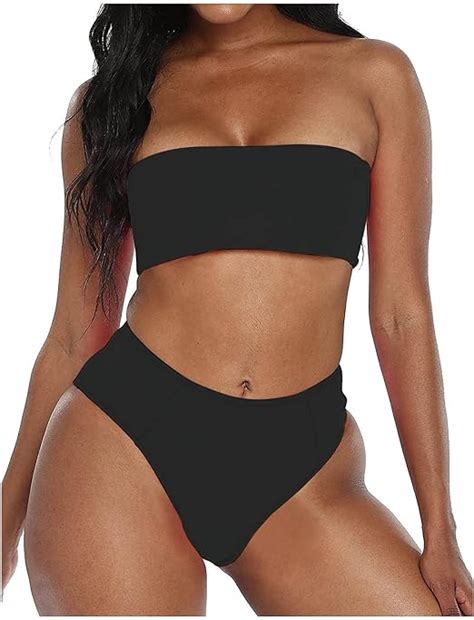 Missguided Crinkle Bandeau And High Waisted Bottoms Bikini Set Bandeau