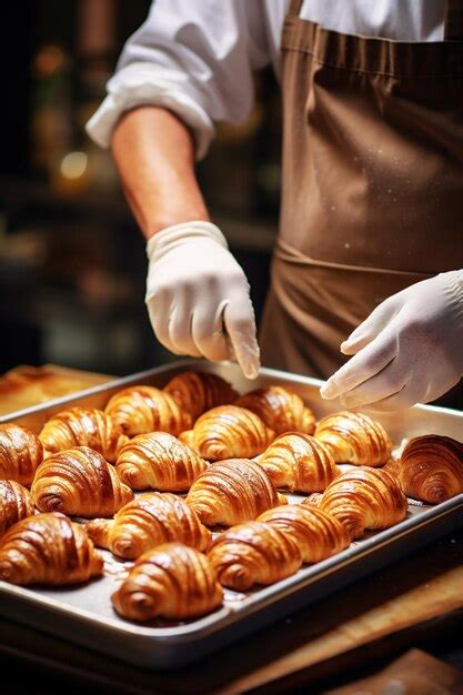 Premium AI Image Male Chef Hands Preparing And Decorating Croissants