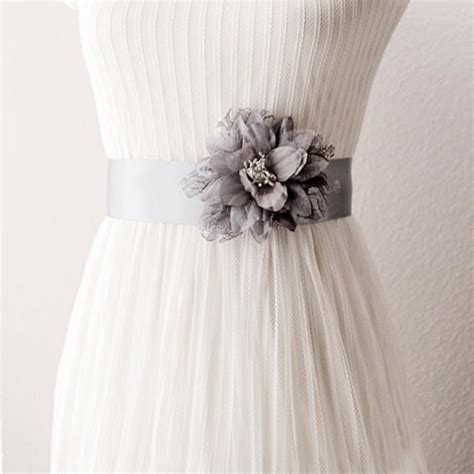 Bridal Couture Silver Grey Lace Flower Ribbon Sash Belt Wedding