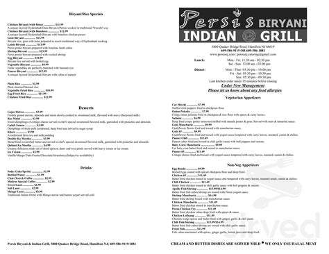 Persis Biryani And Indian Grill Menu In Hamilton Township New Jersey Usa