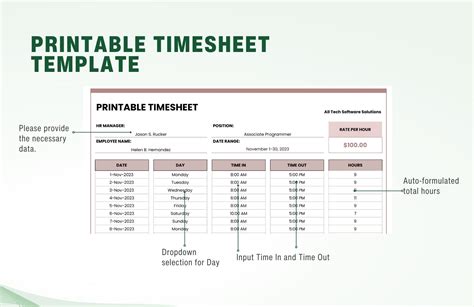 Printable Timesheet Template in Excel, Google Sheets - Download ...