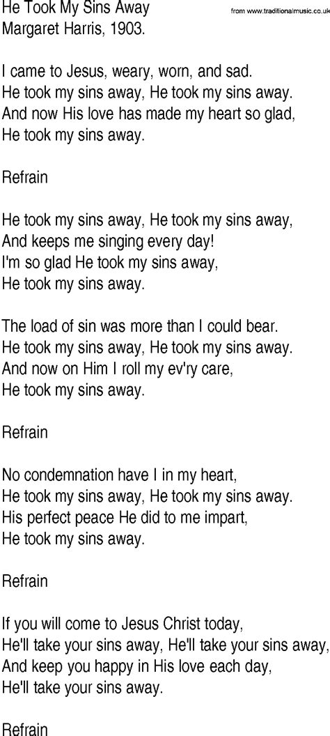 Hymn And Gospel Song Lyrics For He Took My Sins Away By Margaret Harris