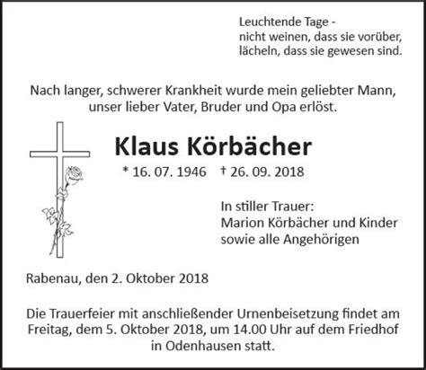 Traueranzeigen Von Klaus K Rb Cher Vrm Trauer De