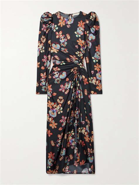 Ulla Johnson Amalie Ruched Floral Print Silk Twill Midi Dress We