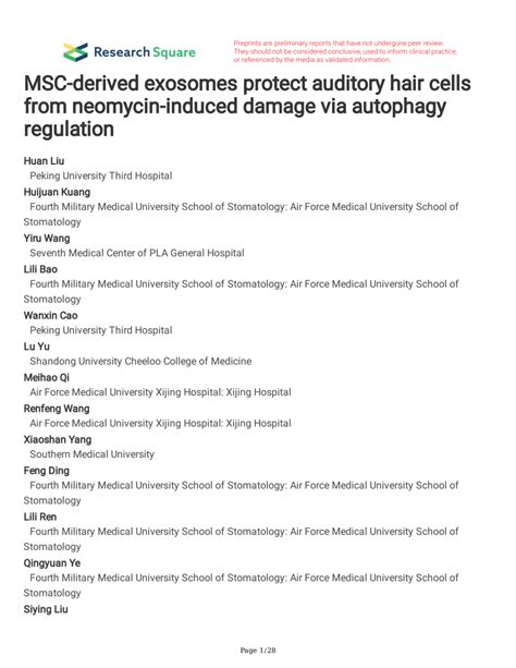 Pdf Msc Derived Exosomes Protect Auditory Hair Cells From Neomycin