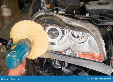 Headlight Polishing by Polish Machine Stock Image - Image of hand ...