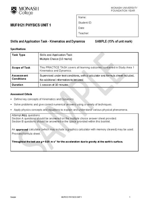 MUF0121 Physics Unit 1 skills and application task sample exam 2024