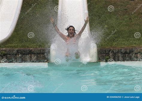 Girl In Bikini Sliding Down Water Slide In Water Park Stock Image Image Of Outdoor Enjoy