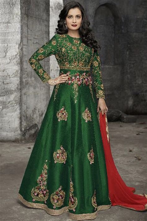 Buy Dark Green Banglori Silk Anarkali Suit With Zari Work Online