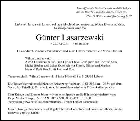 Traueranzeigen von Günter Lasarzewski trauer anzeigen de