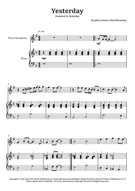 Yesterday Arr Glauco Fernandes By The Beatles Sheet Music For Tenor Sax And Piano At Sheet